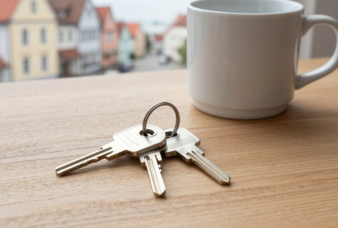 Zwei gleiche kleine Sicherheitsschlüssel hängen an einem Schlüsselring auf dem Holztisch neben einer Tasse
