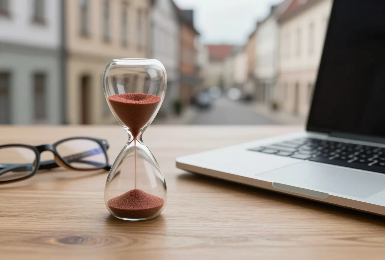 Eine laufende Sanduhr steht auf einem Holztisch neben einem zugeklappten Laptop und einer Lesebrille