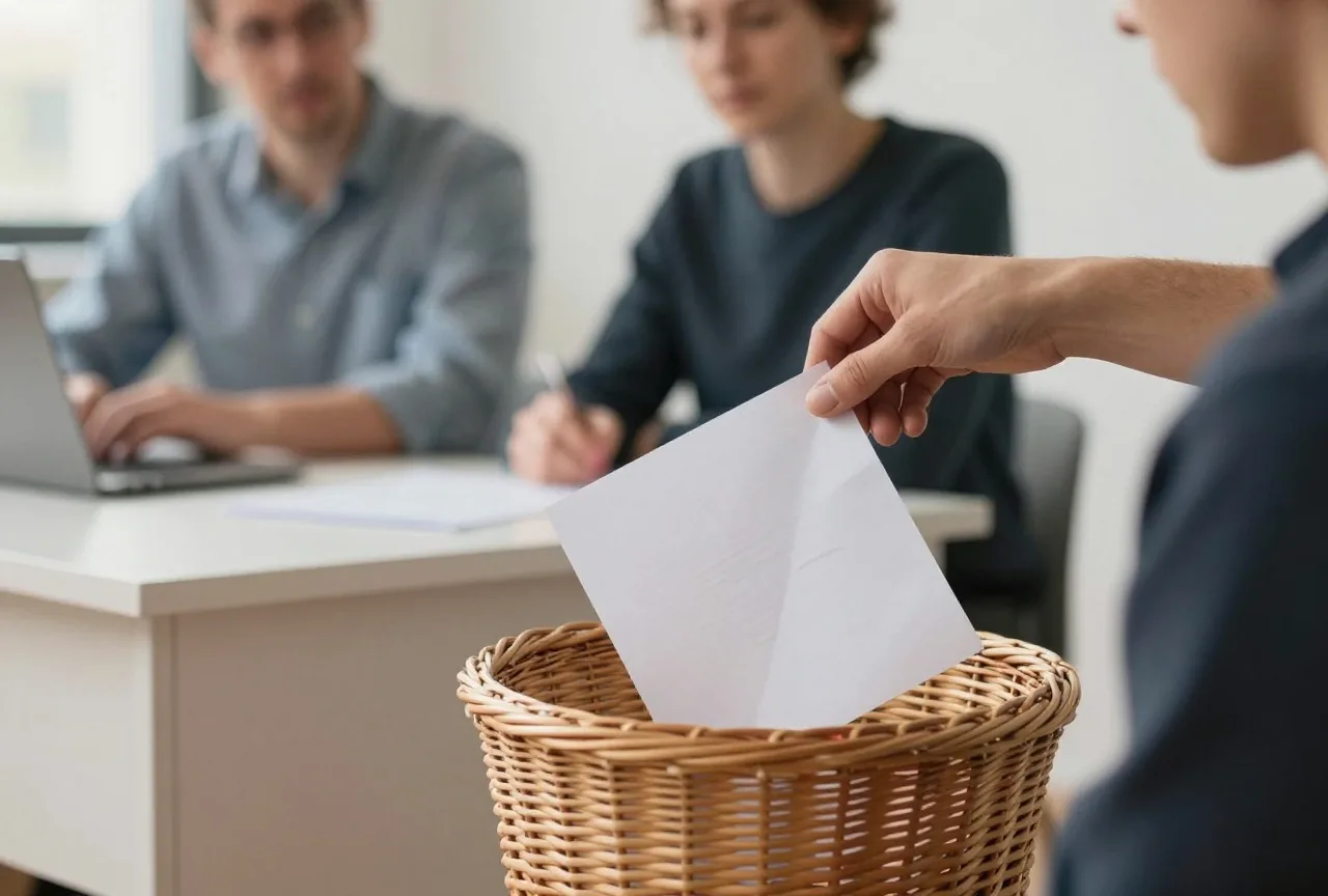 Eine Hand wirft ein zerknülltes leeres Blatt in einen Papierkorb aus Weide neben einem aufgeräumten Schreibtisch