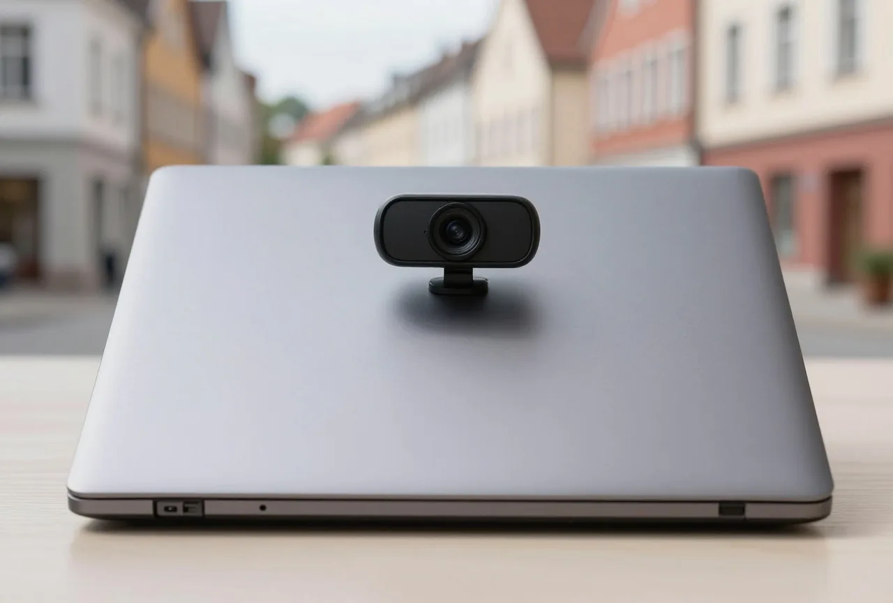 Nahaufnahme einer abgedeckten Kamera mit einer schlichten Schiebeabdeckung an einem zugeklappten Laptop im Tageslicht
