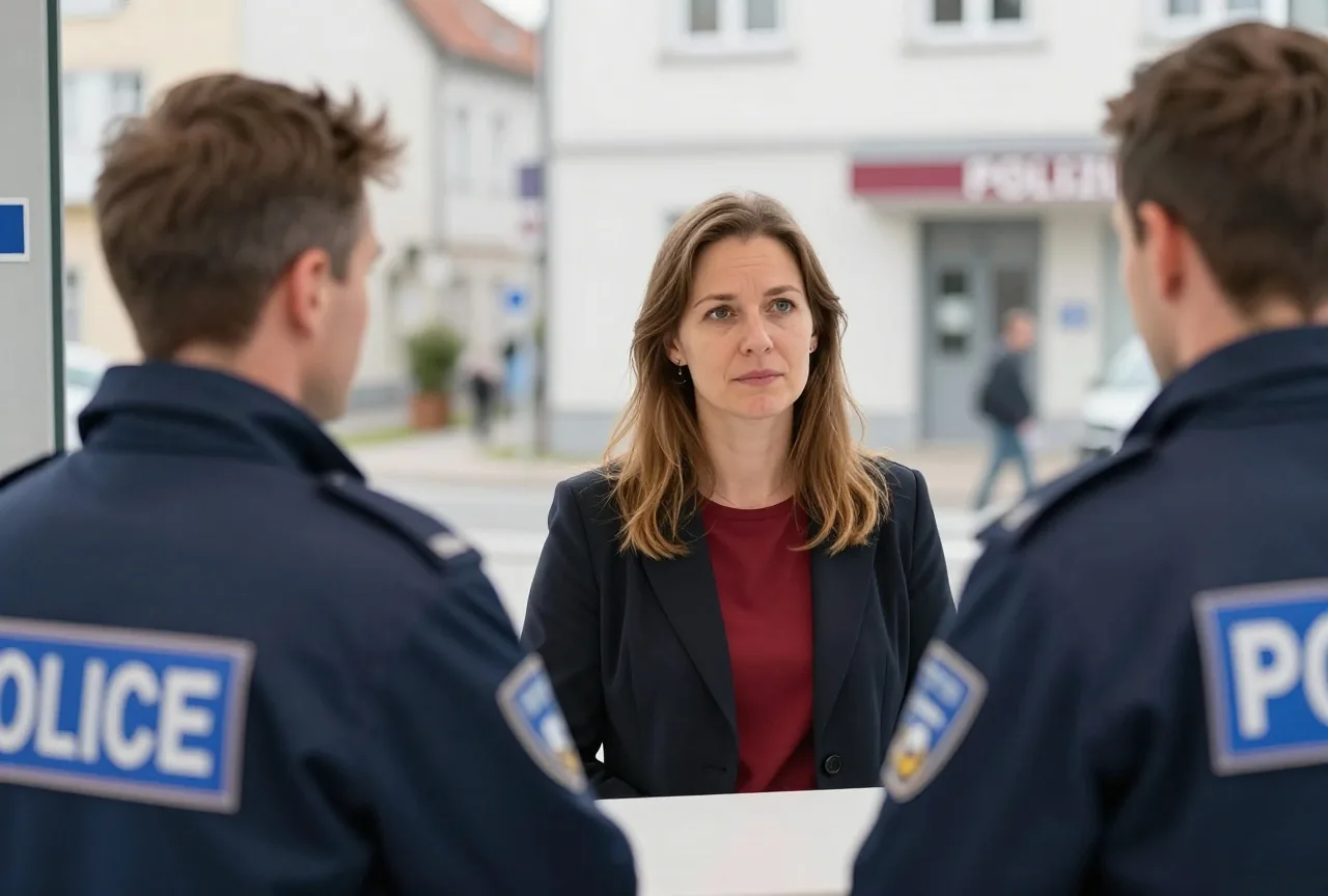 Eine Frau in den Dreißigern spricht ruhig an einem Tresen mit einem Beamten, der von hinten zu sehen ist