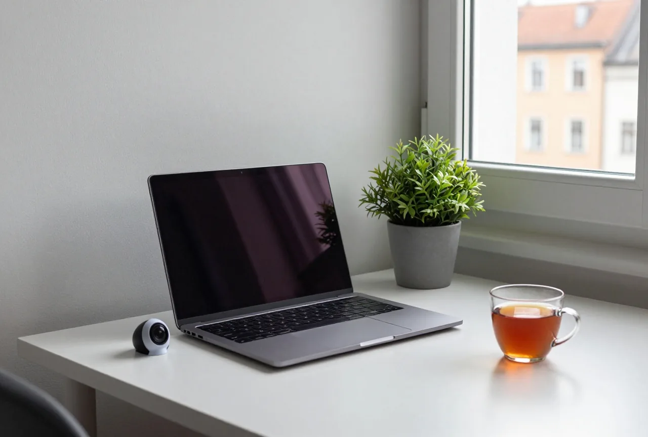 Eine aufgeräumte Arbeitsecke mit zugeklapptem Laptop, kleiner Kameraabdeckung, Topfpflanze und Tasse Tee im Morgenlicht