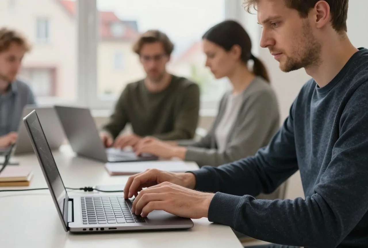 Ein Mann in den Dreißigern zieht am Schreibtisch ein Netzwerkkabel aus einem zugeklappten Laptop