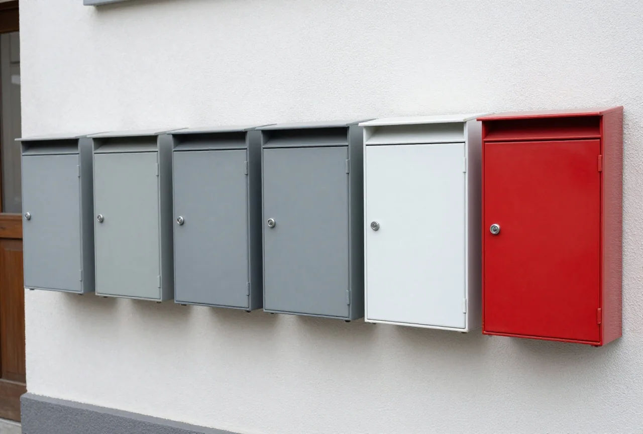 Eine Reihe gleicher Briefkästen an einer Hauswand, einer davon in leicht abweichender Farbe, bedeckter Himmel