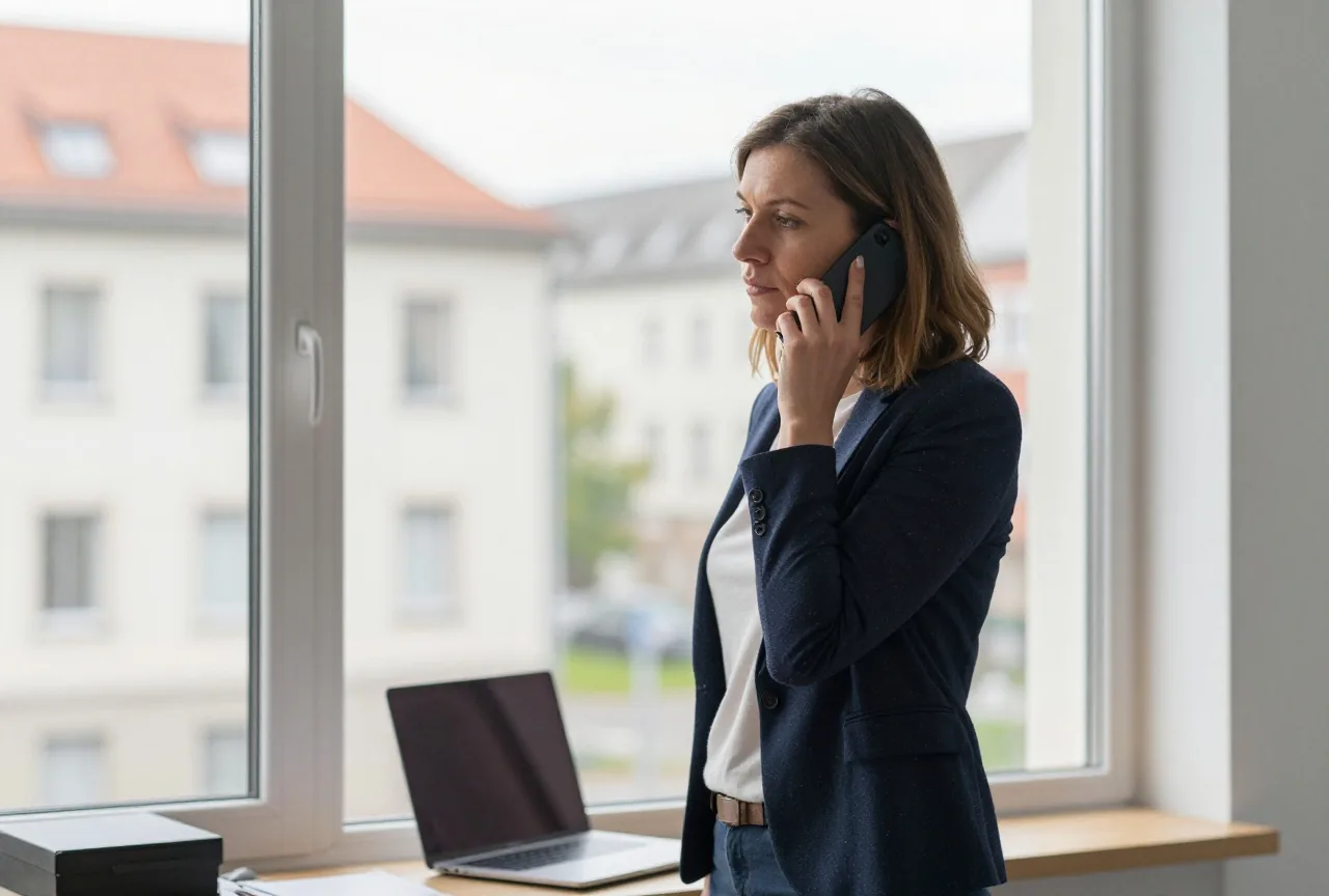 Eine Frau in den Vierzigern telefoniert am Bürofenster, hinter ihr ein zugeklappter Laptop auf dem Schreibtisch
