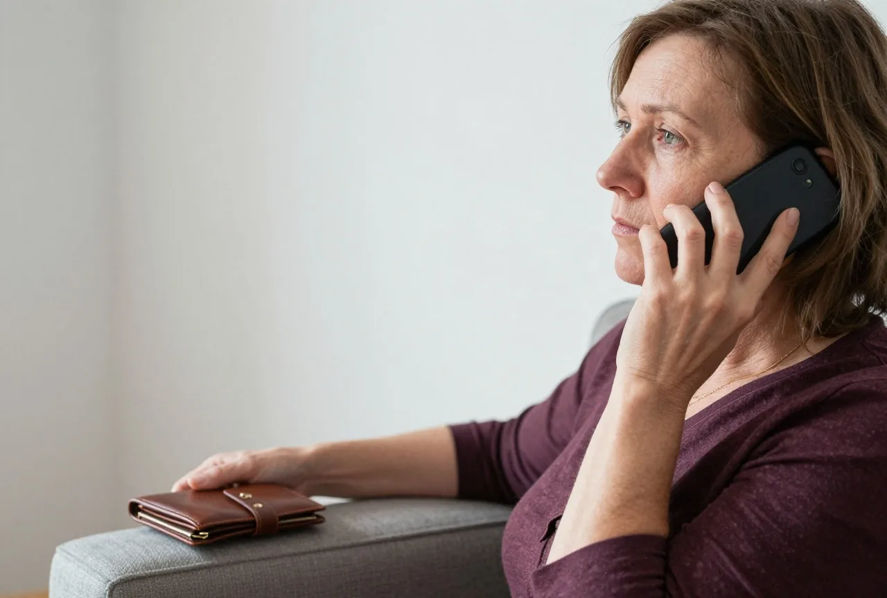 Eine Frau in den Sechzigern telefoniert im Wohnzimmer, neben ihr liegt eine Geldbörse auf der Armlehne