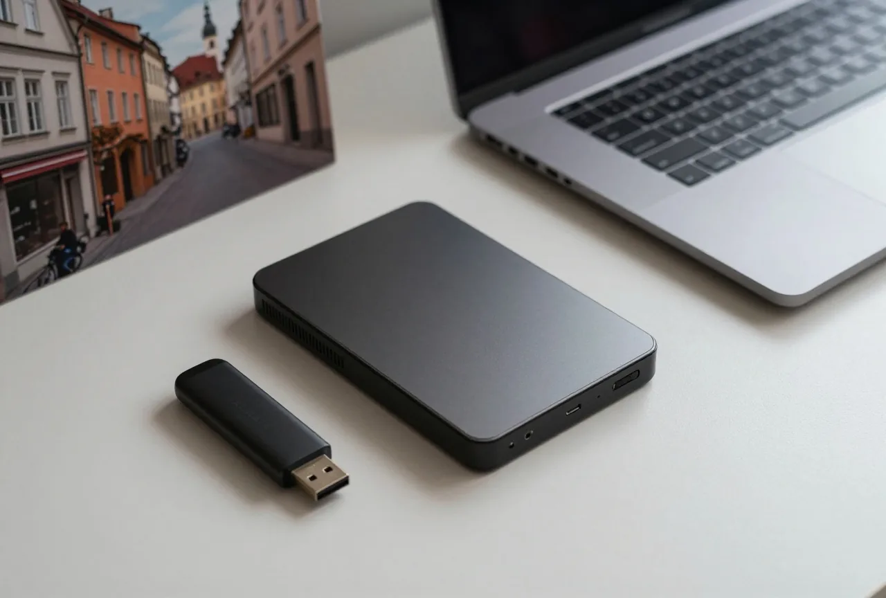 Eine externe Festplatte und ein USB-Stick liegen neben einem zugeklappten Laptop auf einem Schreibtisch