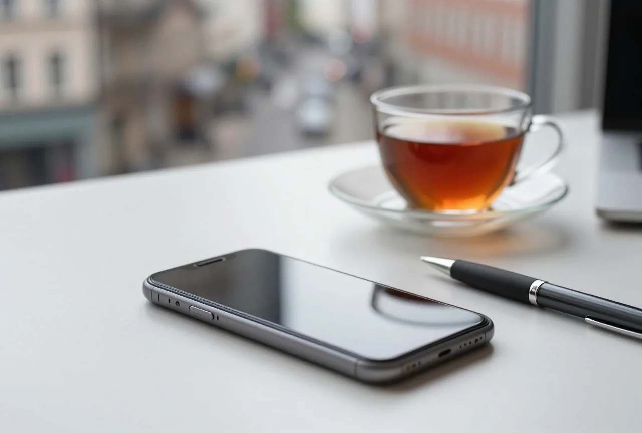 Ein Smartphone liegt umgedreht auf einem hellen Bürotisch neben einer Tasse Tee und einem Stift