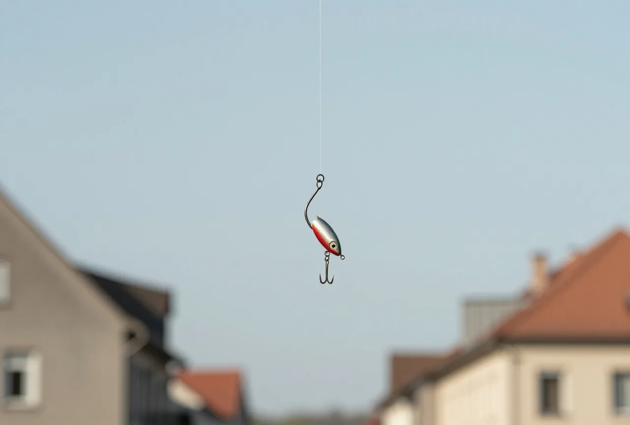 Ein Angelhaken mit glänzendem Köder hängt an einer dünnen Schnur vor hellblauem Hintergrund