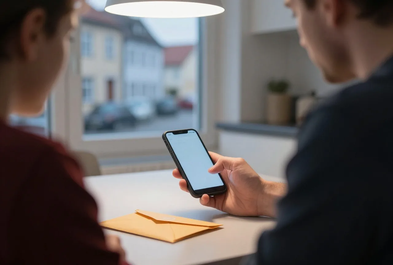 Ein Mann sitzt am Küchentisch mit dem Smartphone in der Hand, vor ihm liegt ein geöffneter Briefumschlag