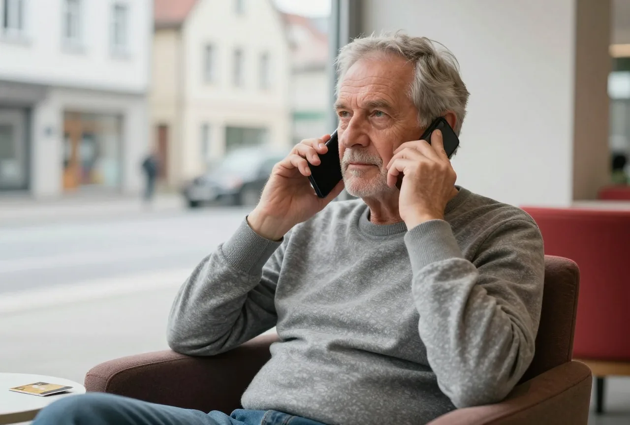 Ein älterer Mann telefoniert im Sessel, neben ihm liegt eine Bankkarte auf dem Beistelltisch