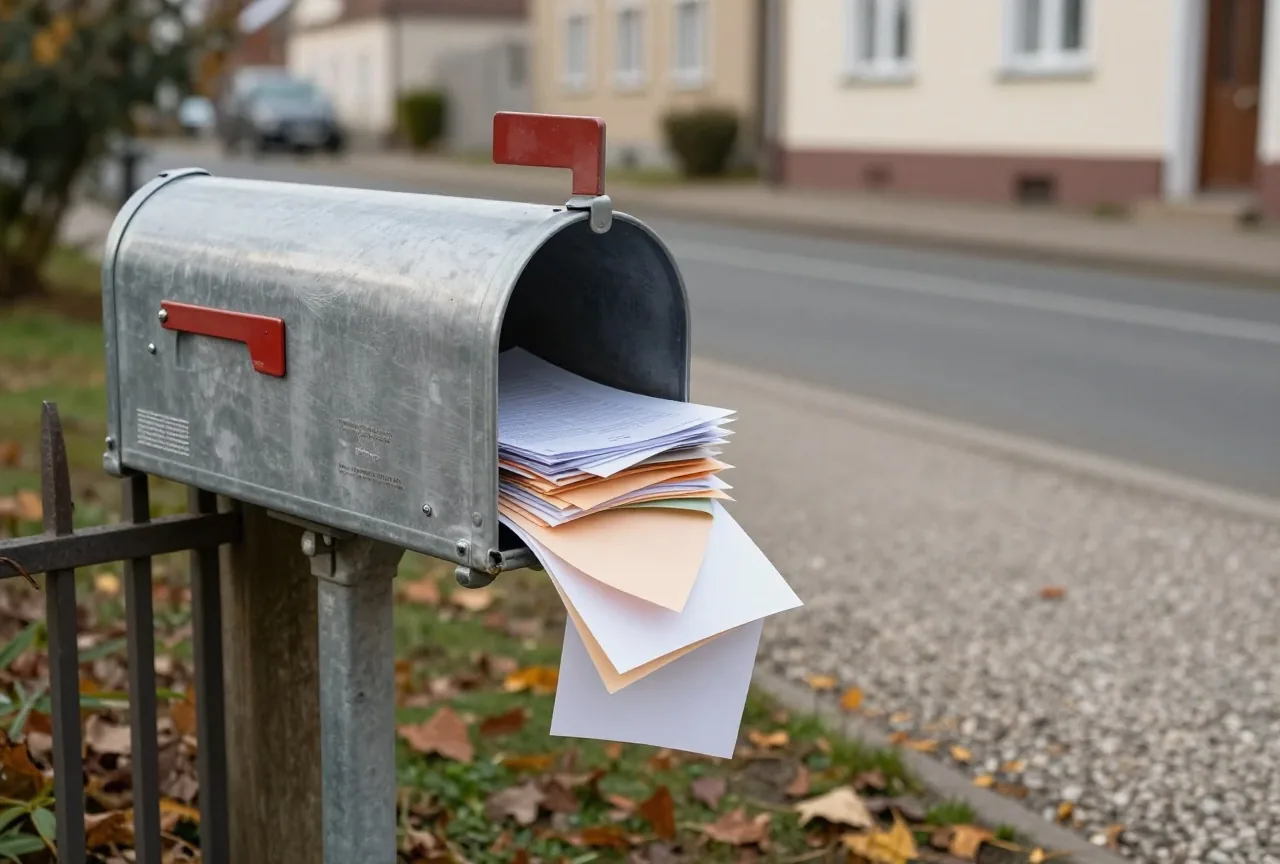 Ein überfüllter Briefkasten am Gartenzaun, aus dem bunte Faltblätter auf den Kiesweg fallen