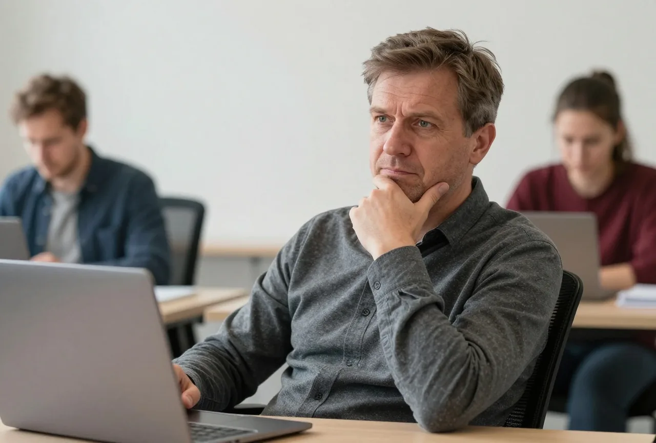 Ein Mann mittleren Alters lehnt sich skeptisch im Bürostuhl zurück, die Hand am Kinn
