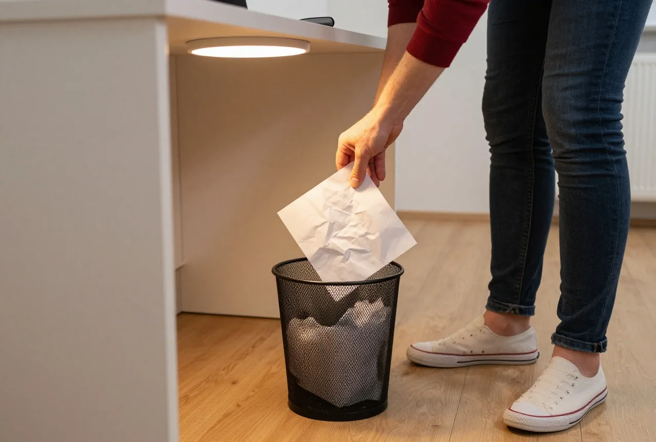 Eine Hand wirft ein zerknülltes Blatt in einen kleinen Papierkorb unter dem Schreibtisch