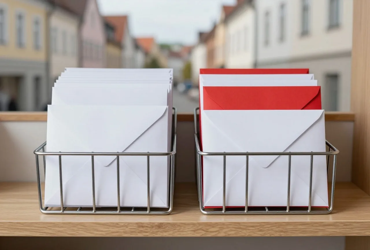 Zwei Drahtablagen stehen nebeneinander auf einem Regal, in einer liegt ein Stapel Briefumschläge
