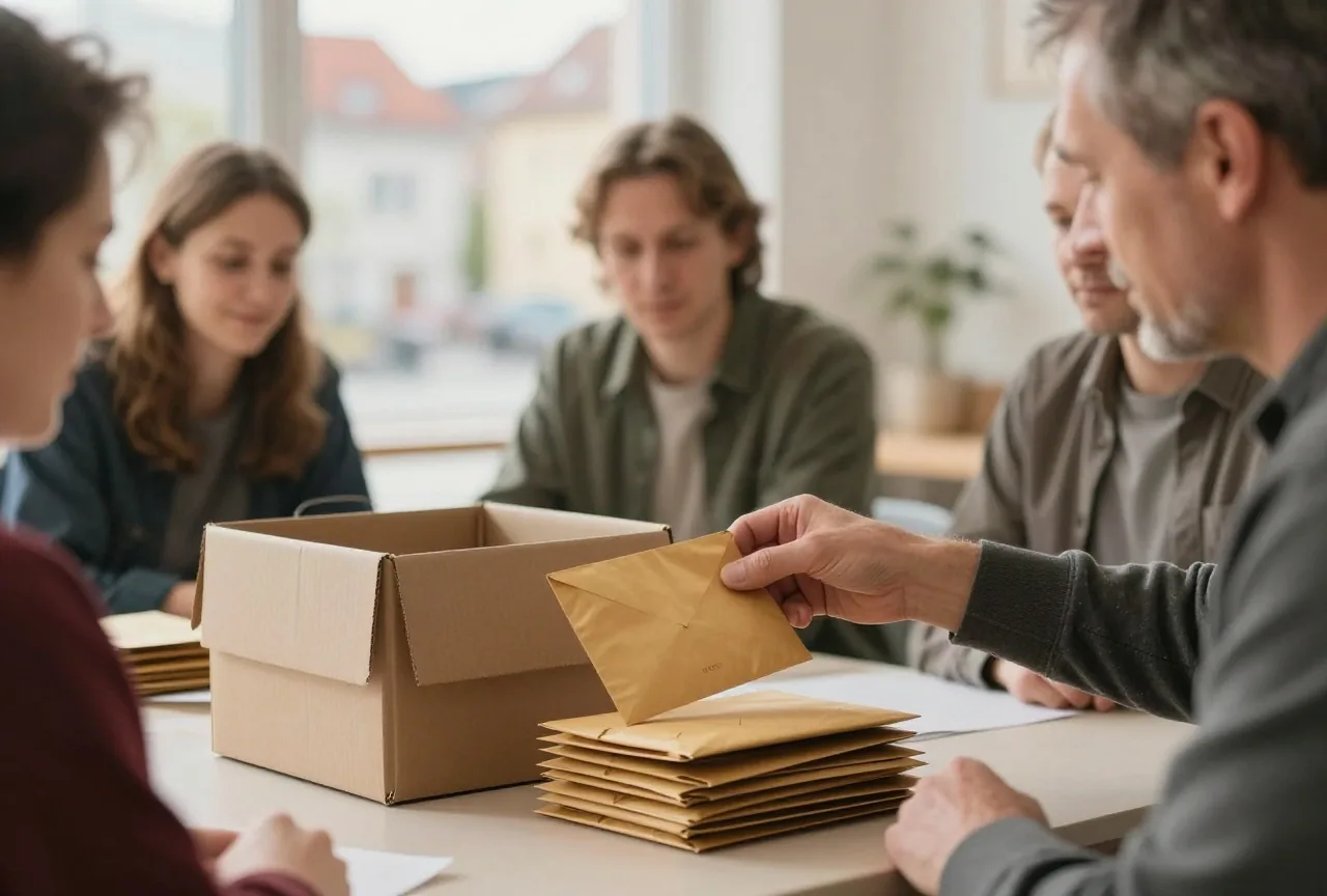 Ein Mann holt am Esstisch einen Briefumschlag aus einer Altpapierkiste und legt ihn auf einen Stapel