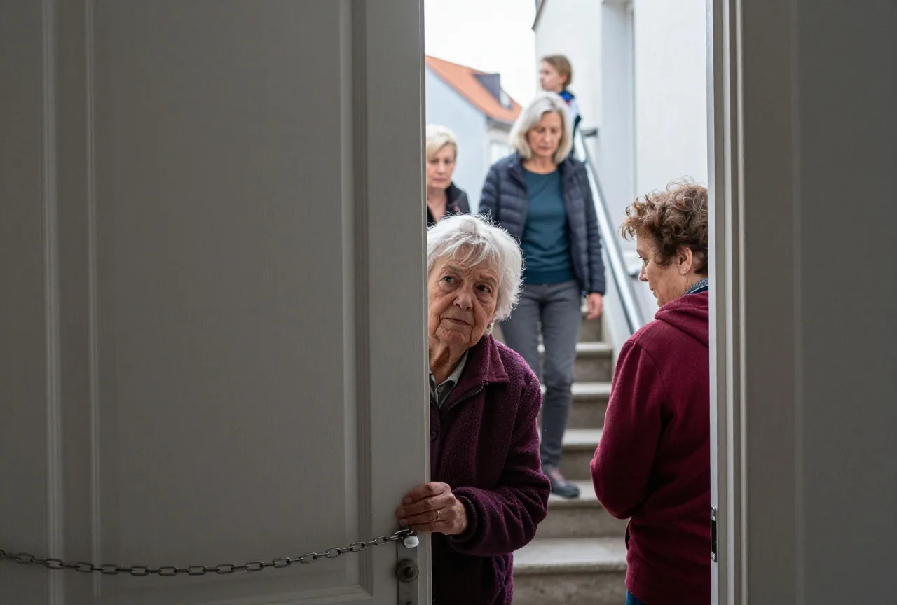 Eine ältere Frau schaut durch den Spalt einer Wohnungstür, die mit einer Kette gesichert ist