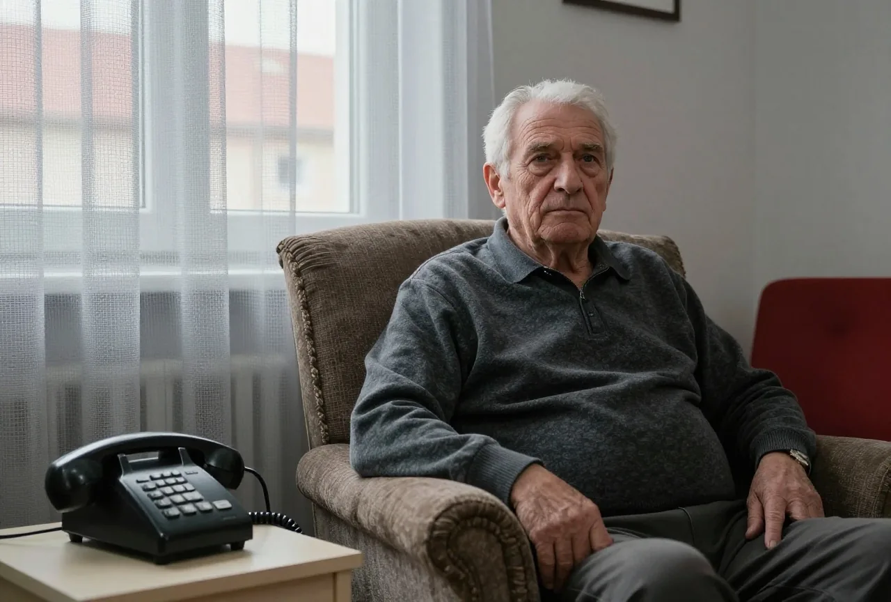Ein älterer Mann sitzt allein im Sessel, neben ihm steht ein schnurgebundenes Festnetztelefon