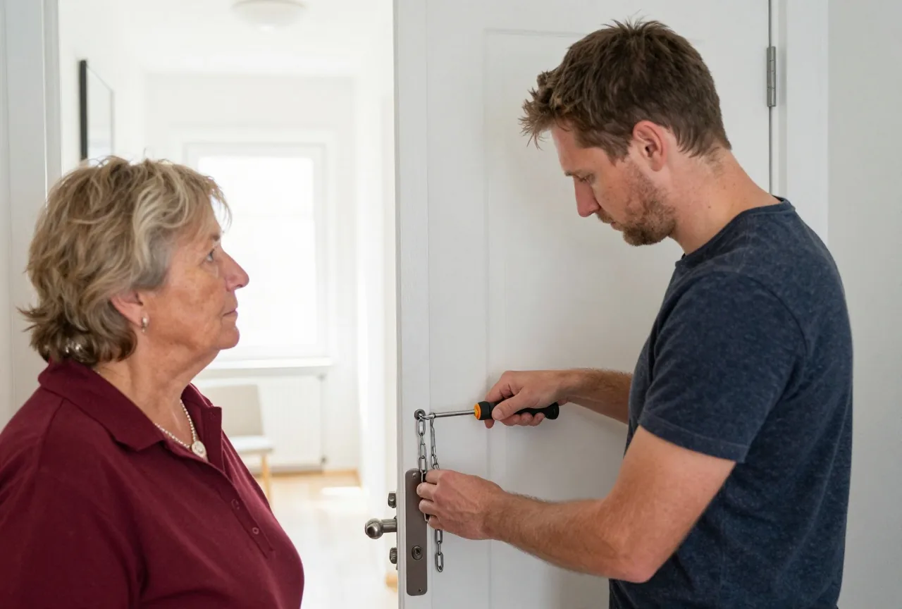 Ein Mann montiert eine Türkette an einer Wohnungstür, eine ältere Frau schaut ihm dabei zu