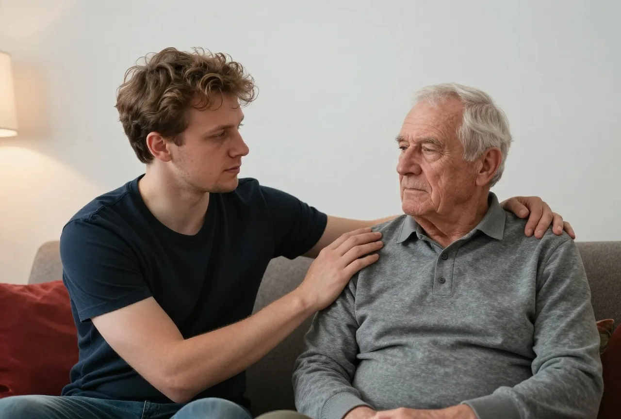 Ein erwachsener Sohn sitzt neben seinem älteren Vater auf dem Sofa und legt ihm tröstend die Hand auf die Schulter