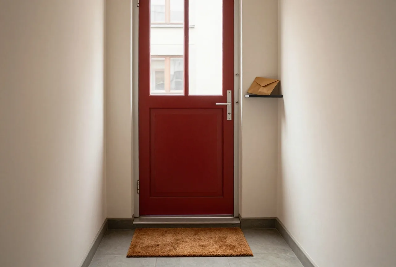 Eine leicht geöffnete Wohnungstür im ruhigen Treppenhaus, daneben ein geschlossener brauner Umschlag auf einer Ablage