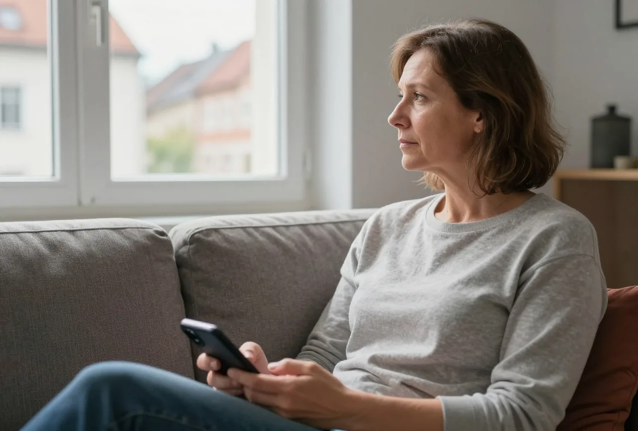 Eine Frau in den Sechzigern sitzt nachdenklich auf dem Sofa, ein Smartphone liegt umgedreht in ihrem Schoß