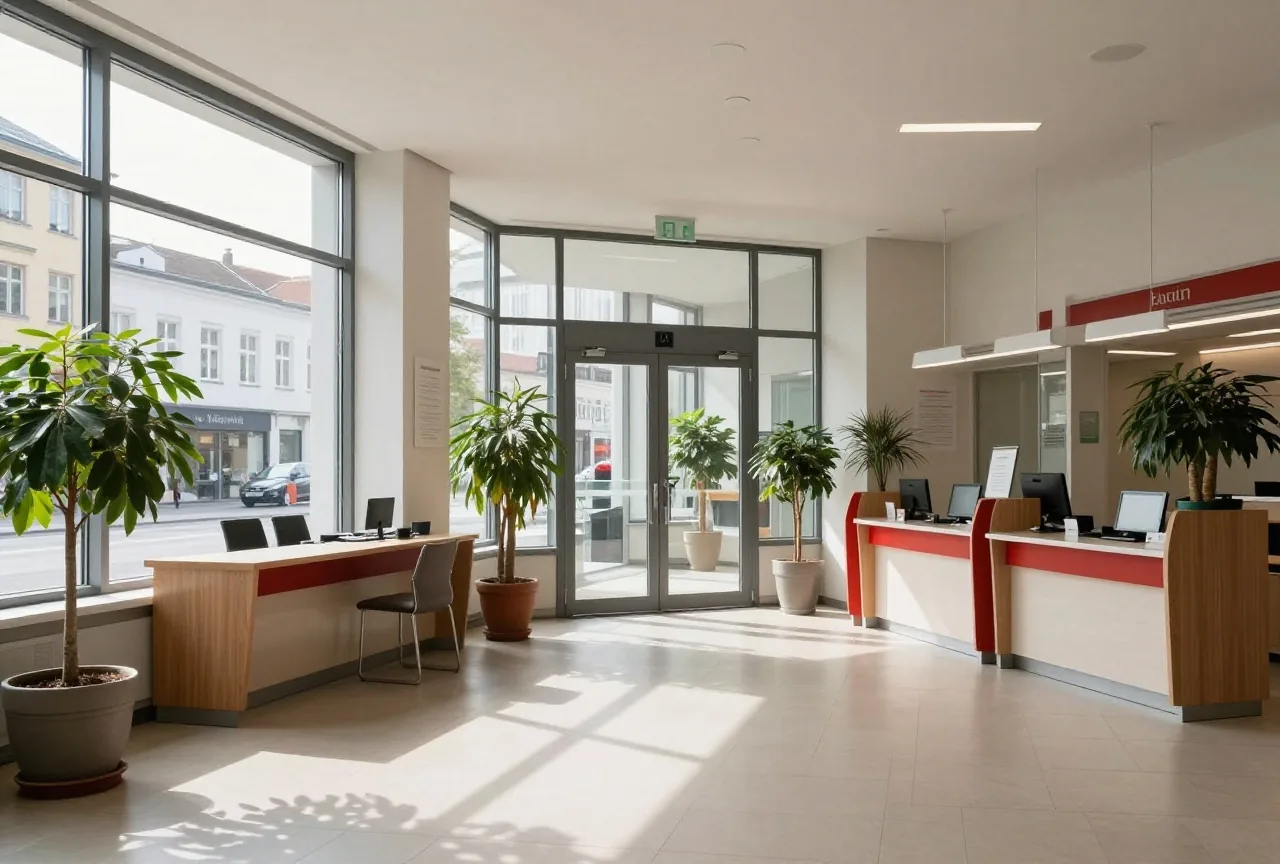 Die helle Eingangshalle einer modernen Bankfiliale mit leeren Schaltern und Pflanzen im Morgenlicht