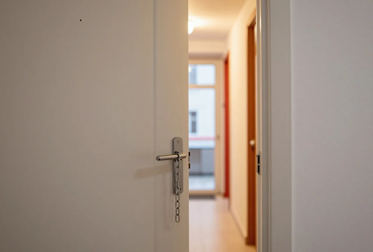 Blick aus dem Flur auf eine geschlossene Wohnungstür mit vorgelegter Türkette und Türspion