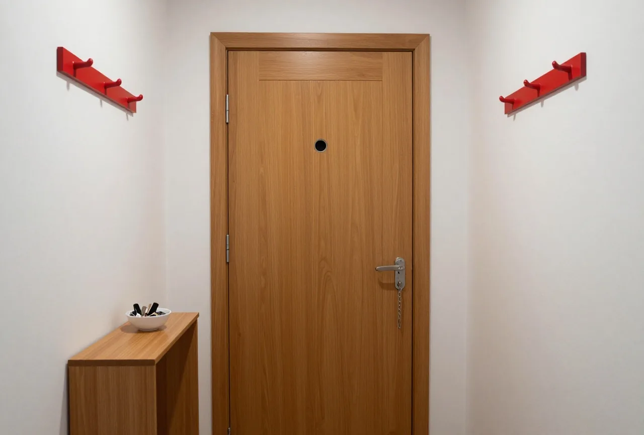 Ein ruhiger Wohnungsflur mit geschlossener Holztür, Türspion, Türkette und einer Kommode mit Schlüsselschale