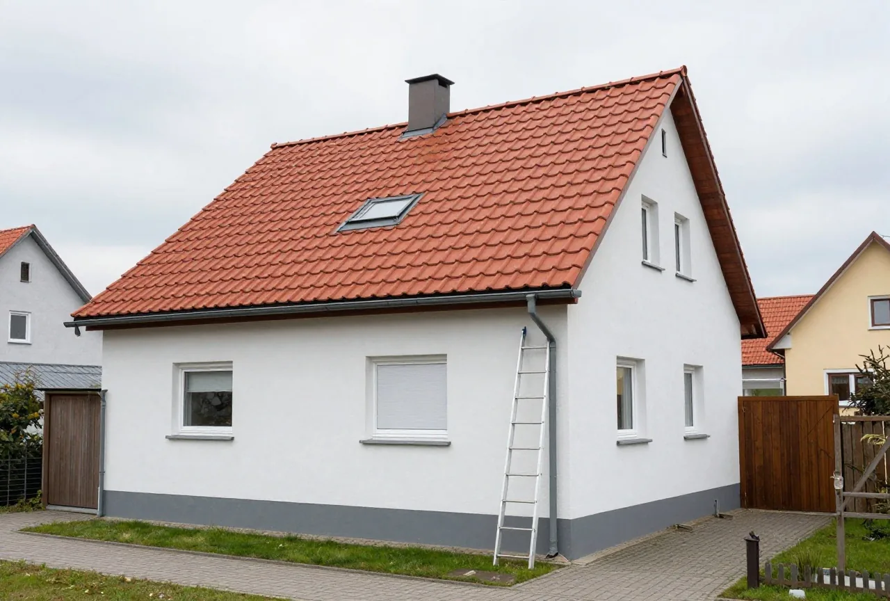 Ein Ziegeldach eines Einfamilienhauses mit angelehnter Leiter am Regenrohr unter bewölktem Himmel