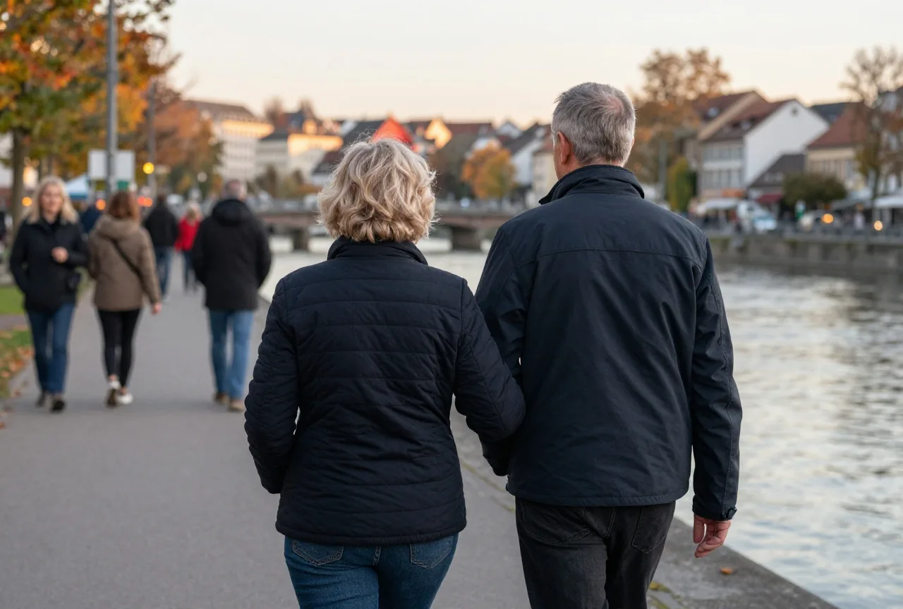 Ein Mann und eine Frau in den Fünfzigern gehen Arm in Arm an einer Uferpromenade, von hinten gesehen