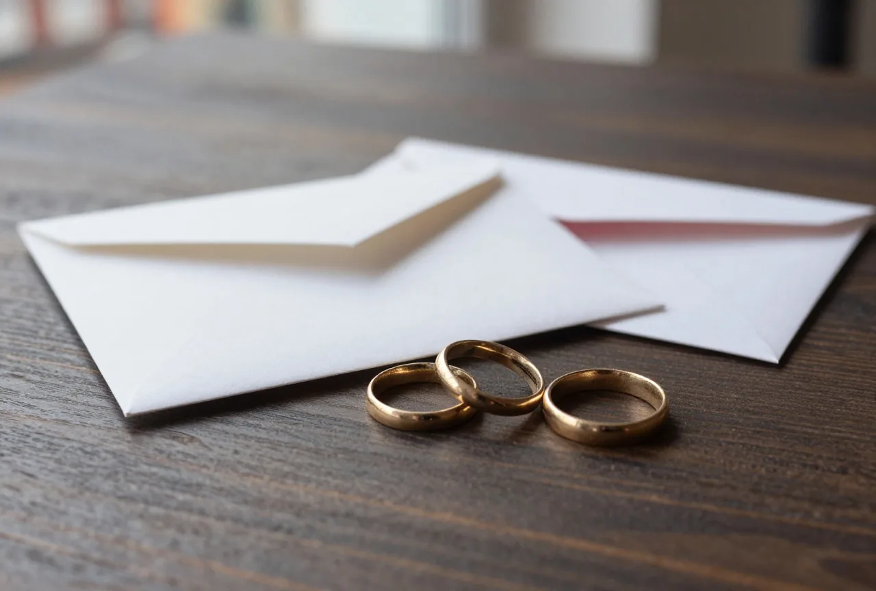 Zwei schlichte goldene Ringe liegen neben einem geschlossenen Umschlag auf einem dunklen Holztisch