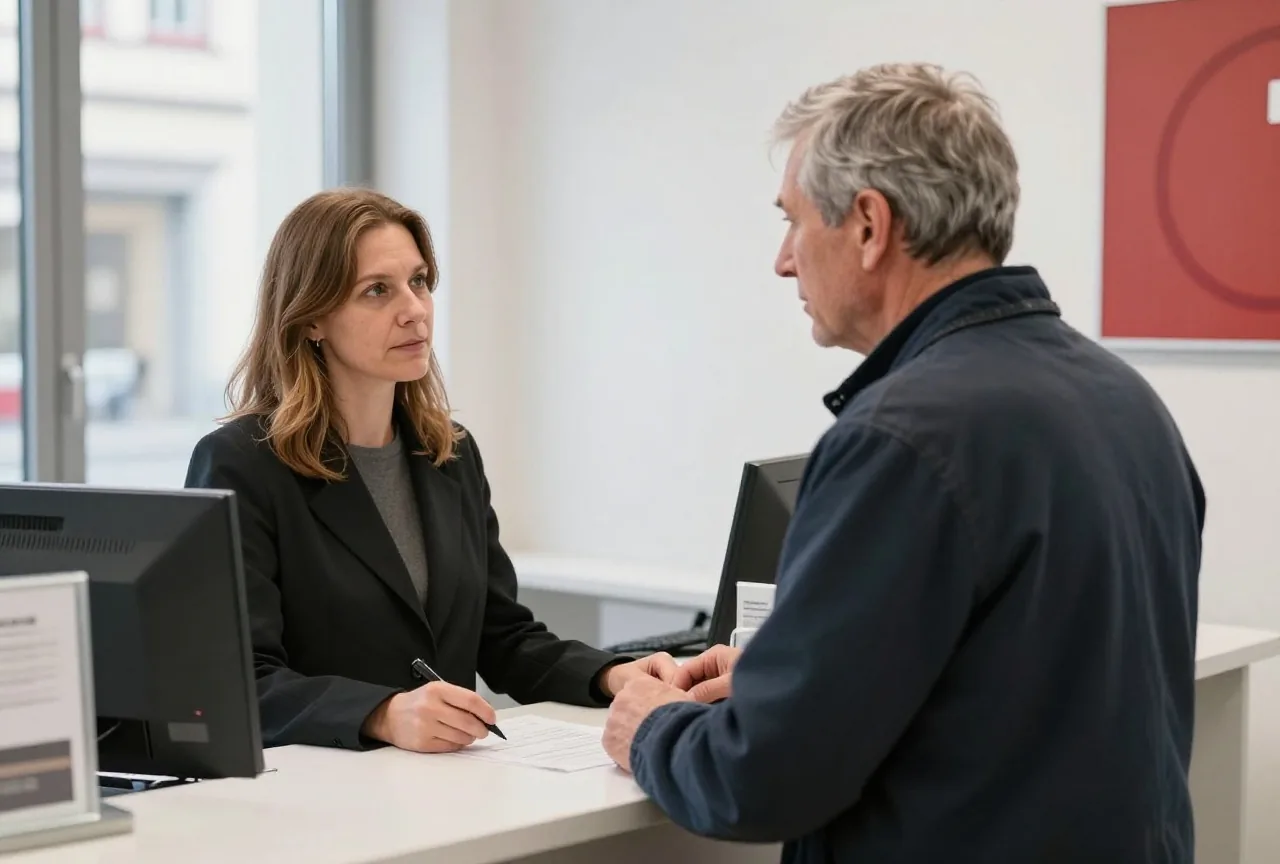 Ein Mann in den Sechzigern spricht am Bankschalter mit einer Mitarbeiterin, beide von der Seite gesehen