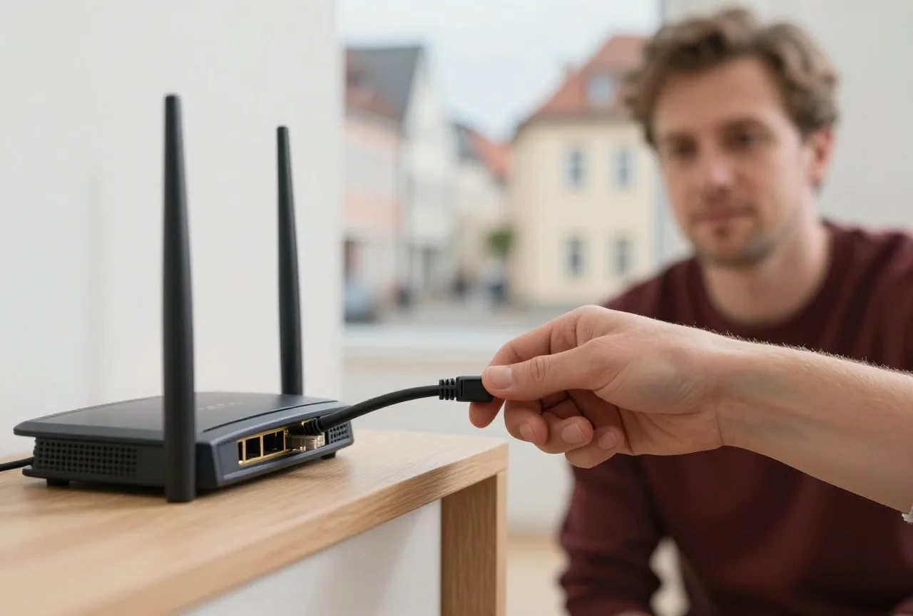 Eine Hand zieht ein Netzwerkkabel aus einem Router auf einem Holzregal
