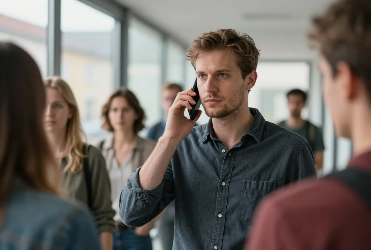 Ein Mann in den Dreißigern telefoniert auf einem Büroflur vor Glaswänden im Tageslicht