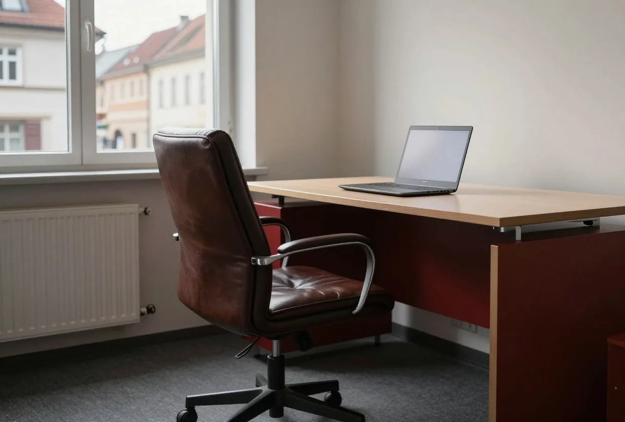 Ein leeres Chefbüro mit abgewandtem Ledersessel und zugeklapptem Laptop im Licht des späten Nachmittags