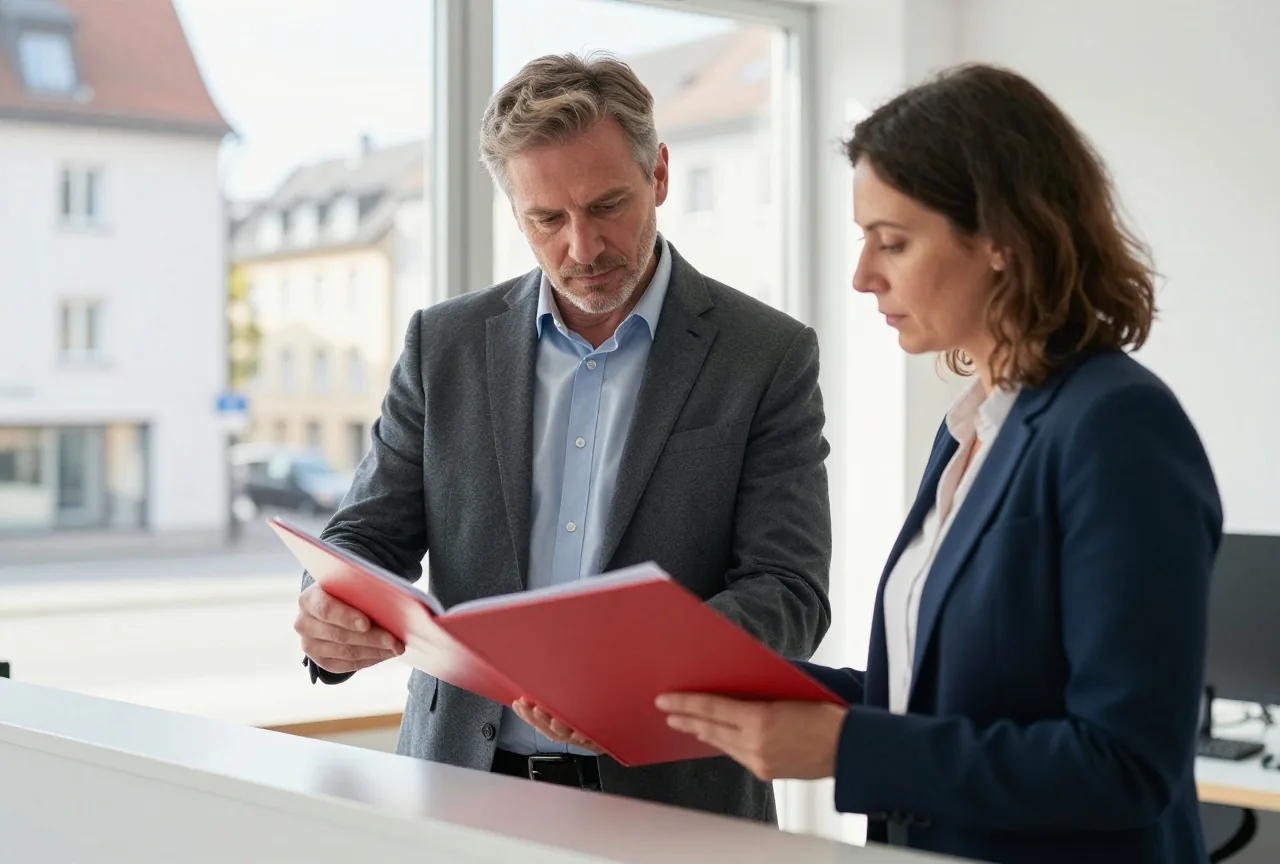Zwei Kollegen prüfen gemeinsam Ordner an einem Stehtisch im Büro, beide von der Seite gesehen