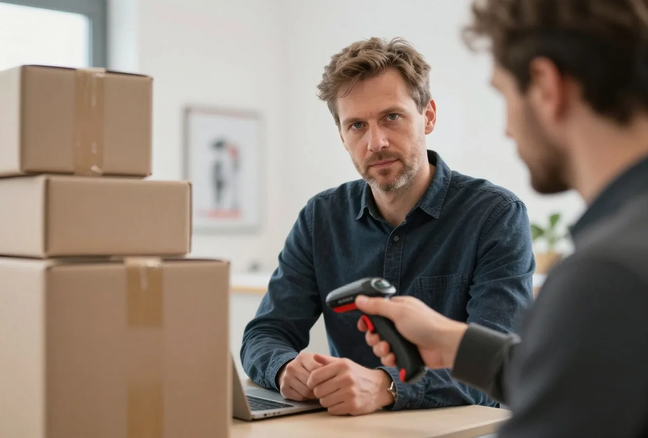 Ein Mann in den Vierzigern prüft im Büro einen Handscanner neben einem Stapel brauner Kartons
