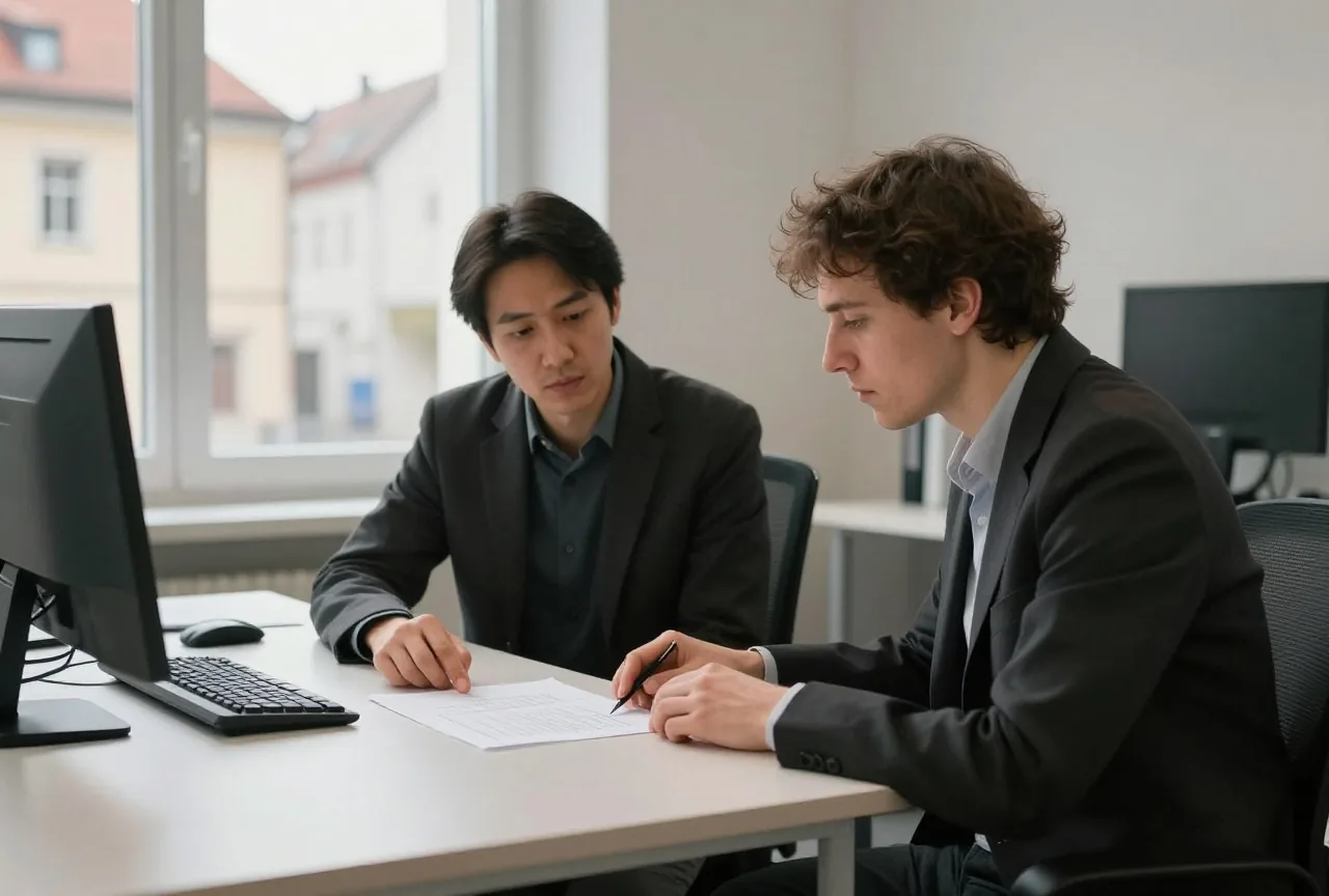 Zwei Kollegen besprechen am Schreibtisch eines kleinen Büros ein Blatt Papier, beide von der Seite gesehen
