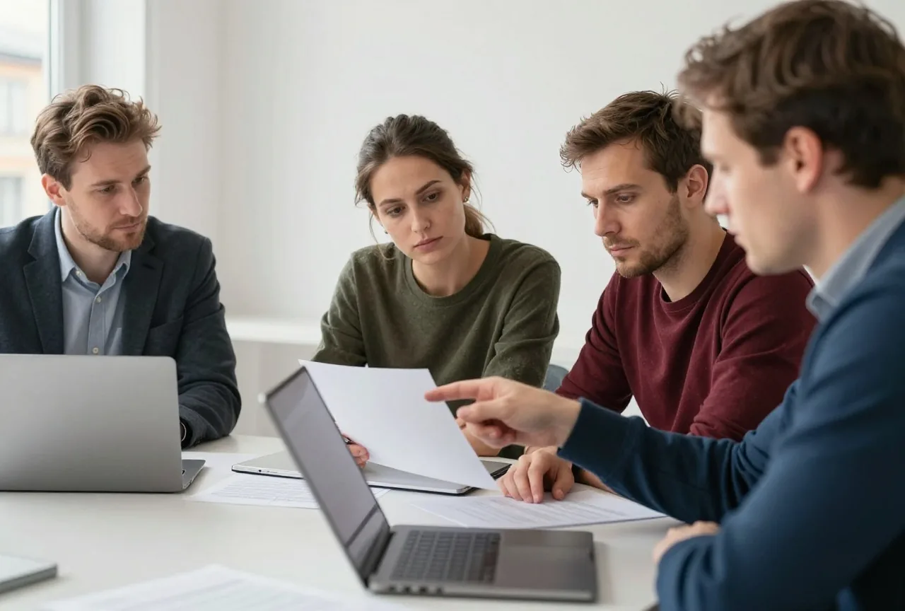 Drei Personen sitzen an einem Besprechungstisch in einem hellen Büro mit Papieren und zugeklappten Laptops