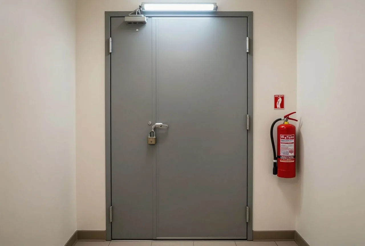 Eine abgeschlossene Metalltür eines Kellerraums in einem Bürogebäude, daneben ein Feuerlöscher an der Wand
