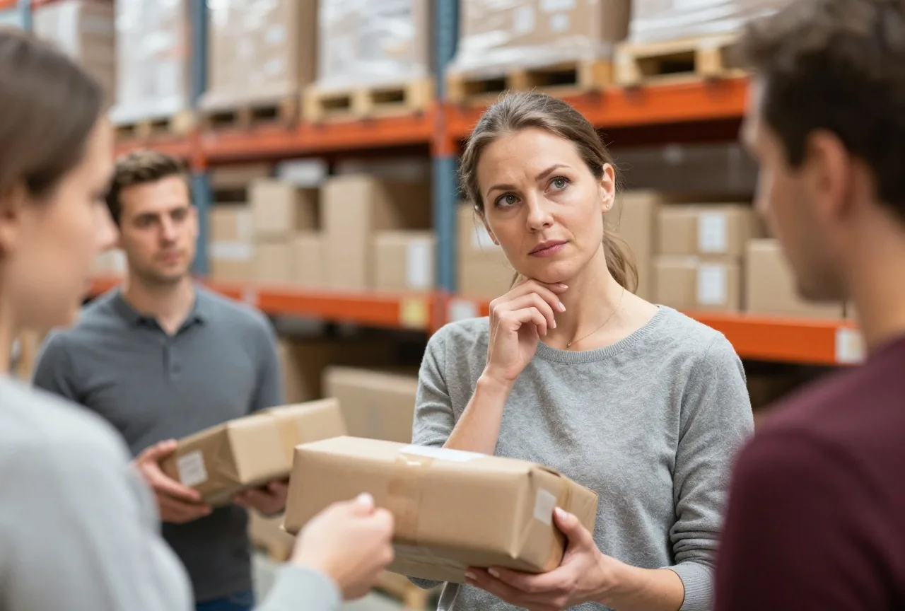 Eine Frau um die vierzig hält in einem kleinen Lager nachdenklich ein Paket in den Händen