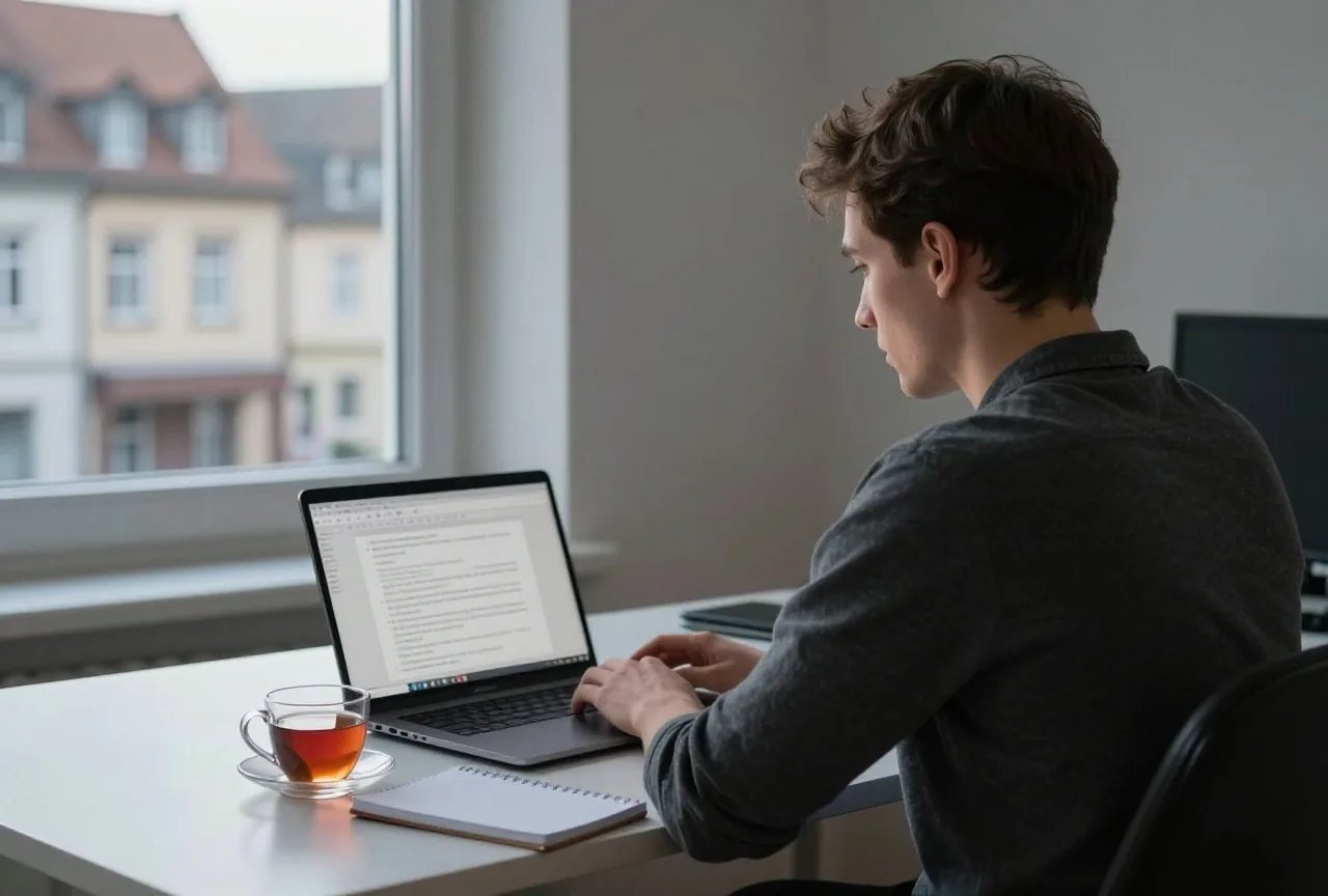 Ein Entwickler um die dreißig arbeitet am Schreibtisch, der Laptop ist von hinten zu sehen