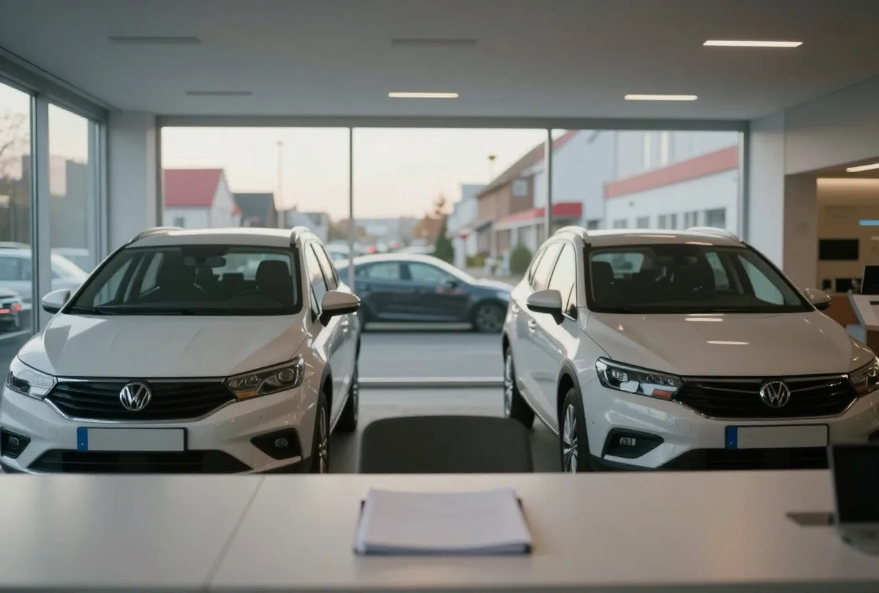 Ein Autohaus am frühen Morgen mit zwei geparkten Wagen und einem leeren Verkaufstisch mit geschlossener Mappe