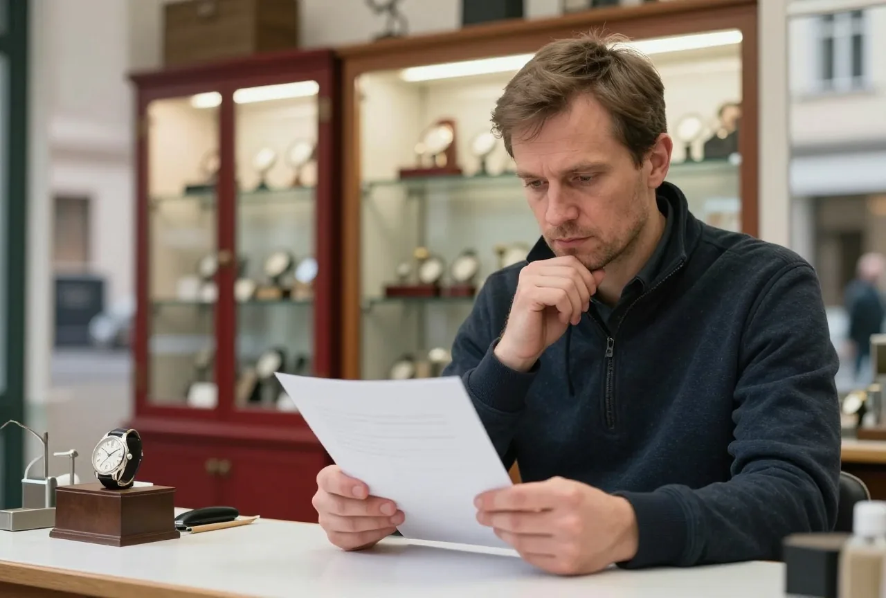 Ein Mann um die vierzig steht hinter dem Tresen einer kleinen Uhrenwerkstatt und betrachtet nachdenklich ein Blatt Papier