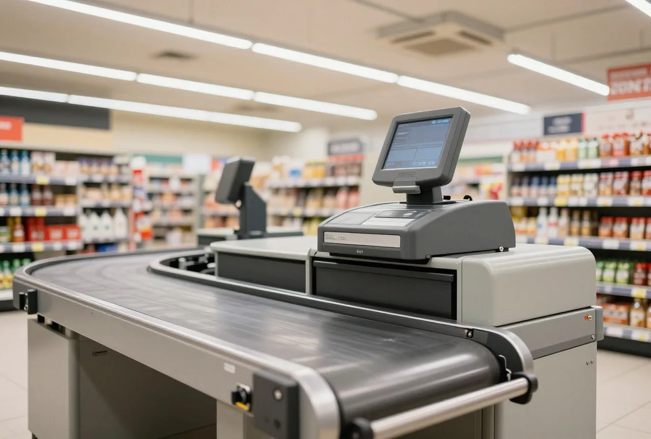 Eine Supermarktkasse nach Ladenschluss mit leerem Laufband und geschlossener Kassenschublade