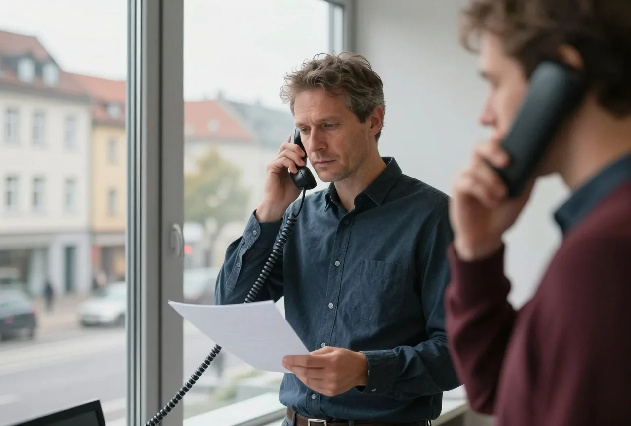 Ein Mann um die fünfzig telefoniert am Bürofenster mit dem Festnetztelefon und hält ein gefaltetes Blatt Papier