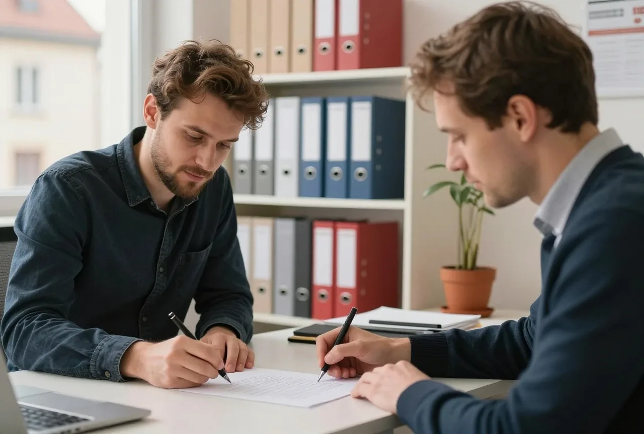 Zwei Beschäftigte unterschreiben gemeinsam ein Blatt Papier an einem Schreibtisch in einem kleinen Firmenbüro