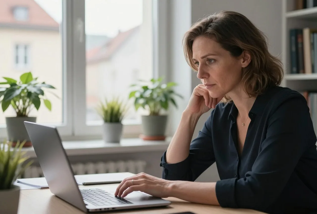 Eine Frau in den Vierzigern hält am Schreibtisch inne, die Hand über dem zugeklappten Laptop, im Hintergrund Pflanzen