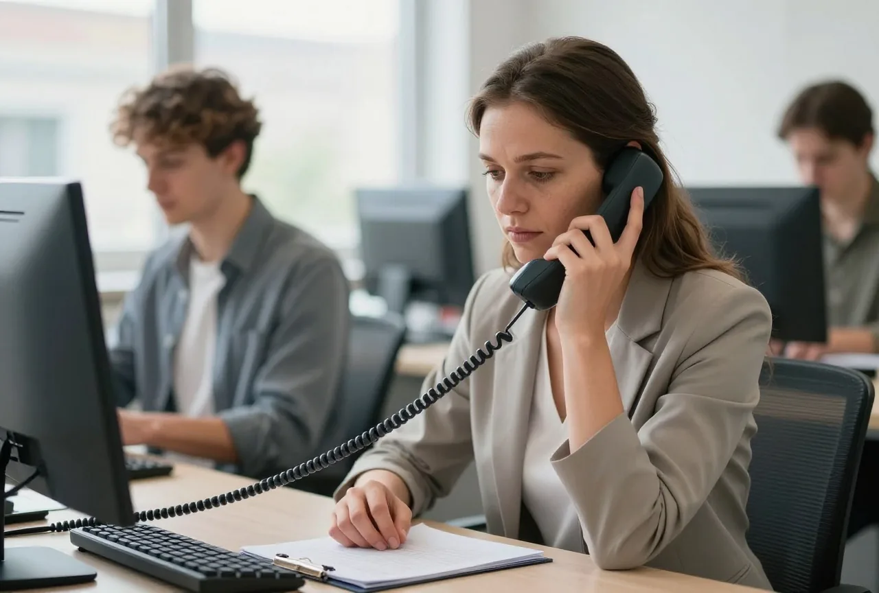 Eine Frau in den Dreißigern telefoniert am Schreibtisch mit einem Festnetztelefon, vor ihr liegt ein geschlossener Ordner